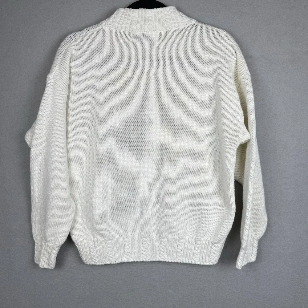 Vtg Cable Knit Mock Neck Sweater Spring Floral Embroidered Grandmacore Med *read